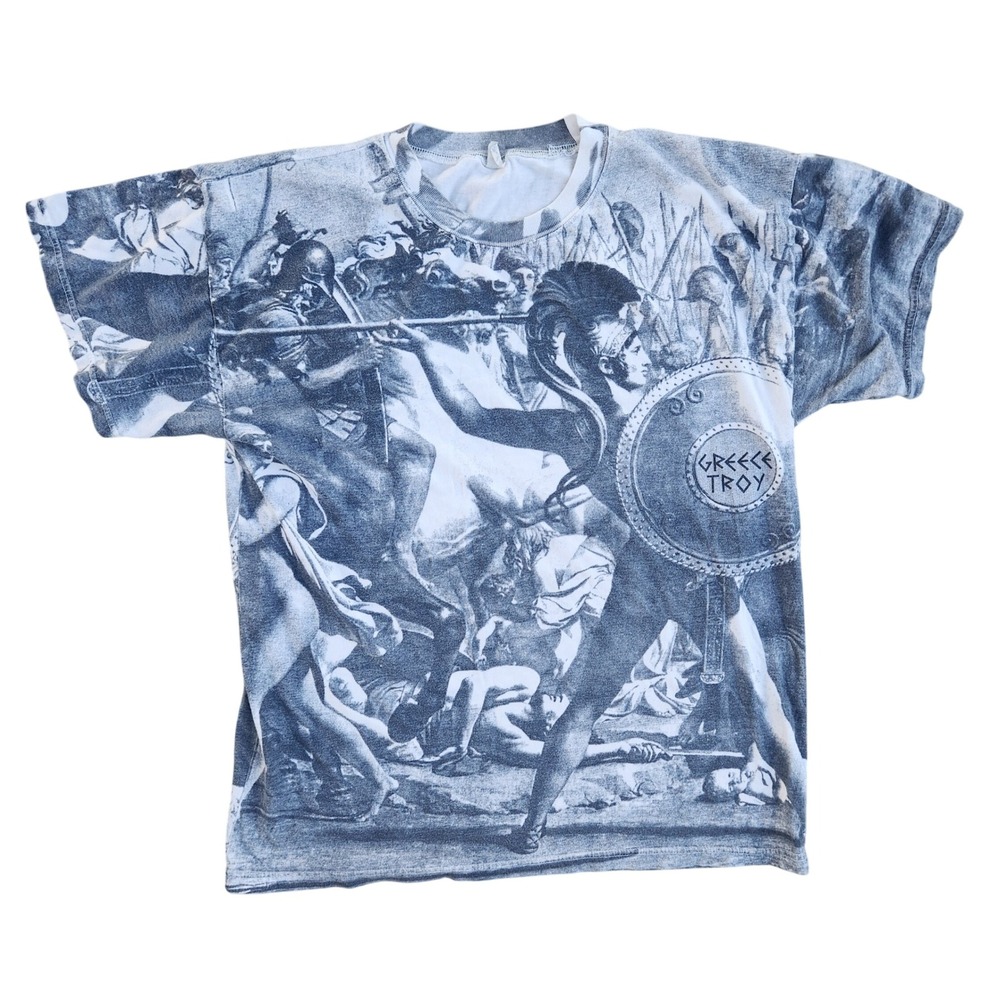 Vintage‎ Greek Troy Graphic Print T-Shirt Ancient Battle Scene unisex medium